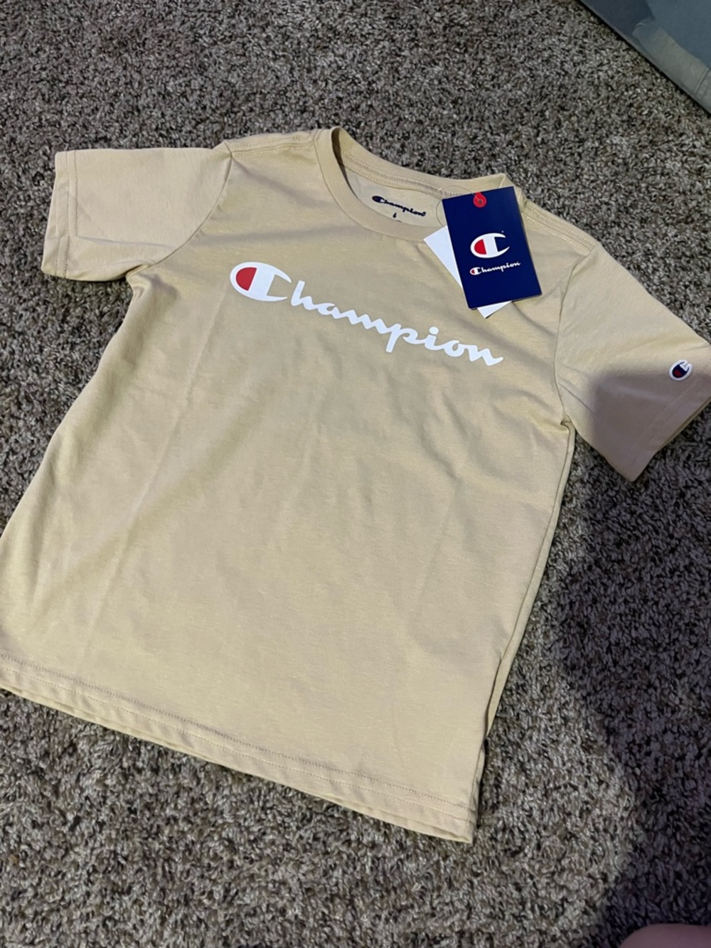 Champion Kids Short Sleeve Logo Tee in Beige with White & Red Accents